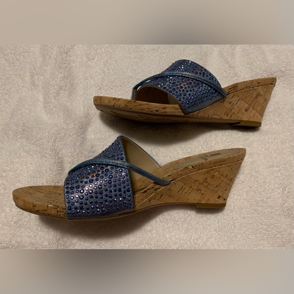 #S513 - White Mountain Blue Glitter & Cork Wrapped Thong Wedge Sandals SIZE 7.5M - Picture 7 of 16